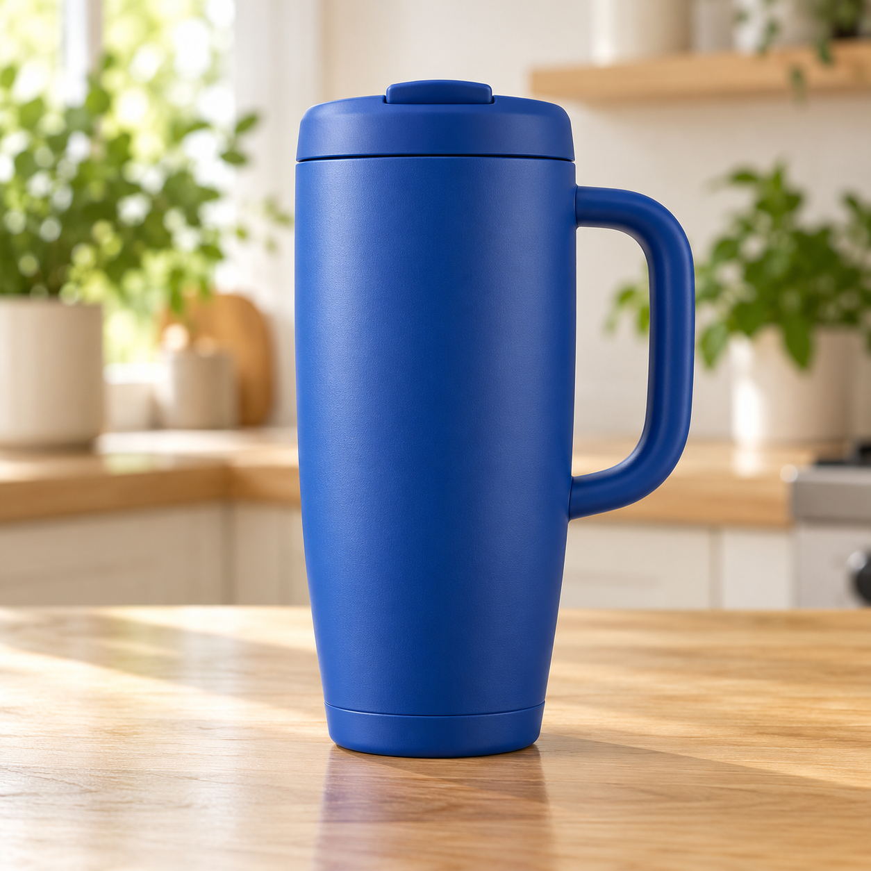 Blue tumbler pictured in a kitchen